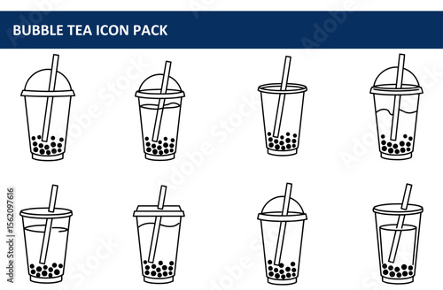 Bubble tea icon pack featuring various cups with lids and straws. Simple line drawings of popular beverage in common translucent cups.