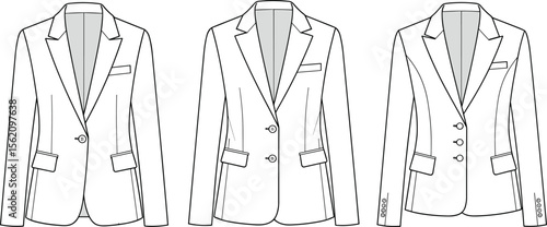 Tailored women’s blazer technical sketch, formal suit jacket variations, vector fashion flat drawing, CAD style, sleeve button detail