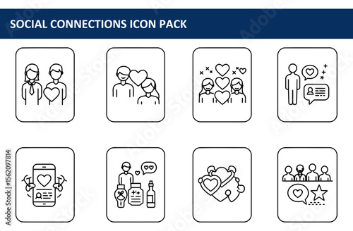 Line art icons depicting social connections in various scenarios. Diverse group of people engaged in online communication and interpersonal interactions.