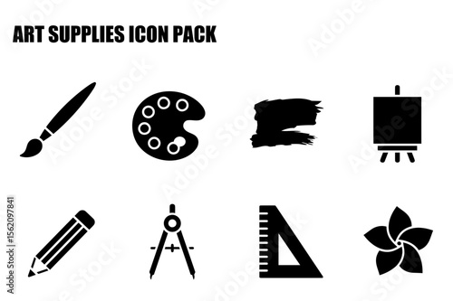 Art supplies icons set featuring paintbrush, palette, paint stroke, easel, pencil, compass, ruler, and flower. Black and white graphic design elements for education or graphic design use.