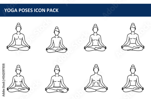 Female yoga poses in various seated postures displayed on a white background. Simple line art illustrations of women in meditation poses with no background detail.