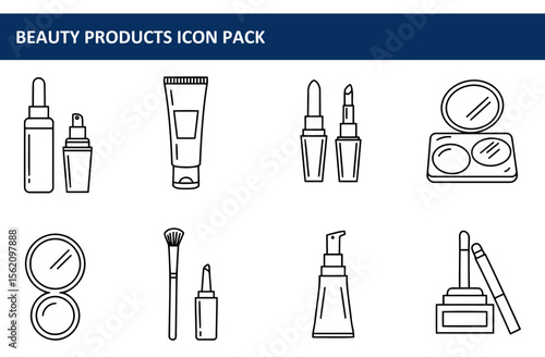 Beauty product icons in various forms, showcasing different cosmetic items. Illustrative representation of bottles, tubes, and other applicators in a simple, clean line art style.