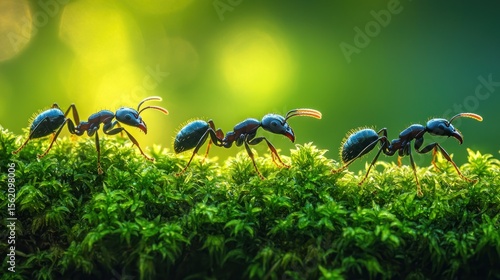 Three ants marching across a moss-covered surface, bathed in golden sunlight