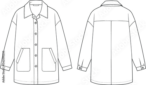 Technical cad drawing of oversized utility jacket, long sleeves, front and back view, fashion vector sketch, flat coat illustration
