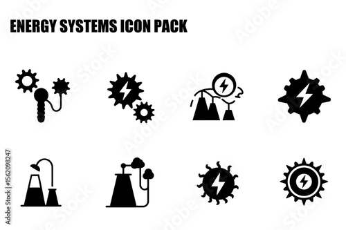 Energy systems icons for various energy sources in a technical graphic design.