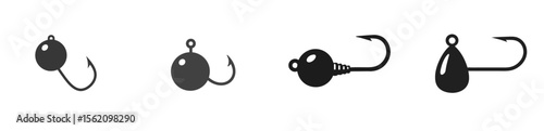 set of four icons of jig head fishing hooks, rounded lead head with single hook