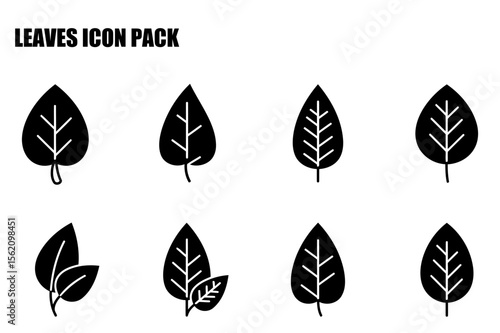 Black and white leaf icons in various orientations and groupings. Simple vector graphics of leaves for use in an icon pack for website design or app development.