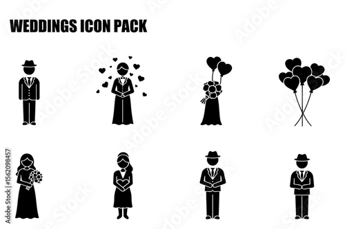 Wedding icon pack featuring various wedding elements. Silhouette illustrations of couples, wedding party, bridal bouquets, and heart-shaped balloons in a simple, classic style.
