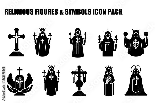 Religious figures and symbols in various poses and settings. Silhouette illustrations of religious figures and crosses, displayed on a plain background.