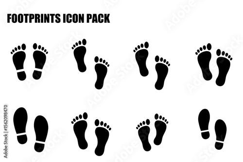 Footprints icon pack with diverse footwear types in a simple graphic design style. Icons of footprints are displayed on a white background with no additional details.