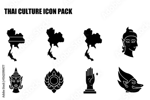 Thai cultural icons in silhouette against a white background. Symbolic representations of the country's geography, deities, and customs.