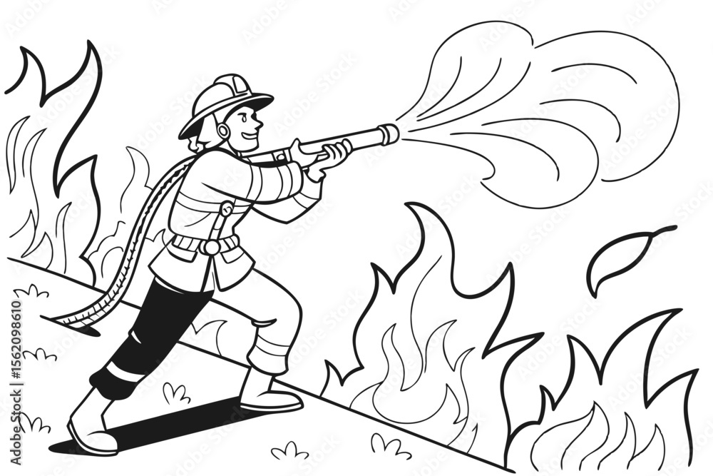 Fototapeta premium A courageous firefighter hero aiming a water hose to put out a fire. Bold outlines, action scene, black and white line art for a coloring book