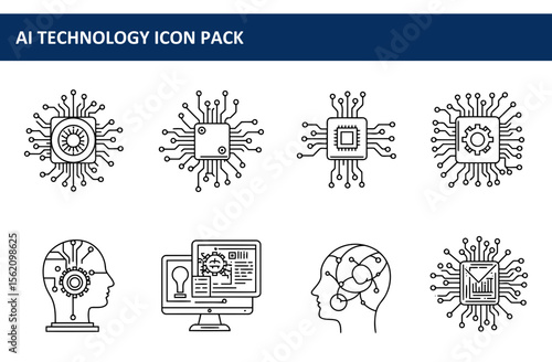 AI Technology Icon Pack. Collection of outline graphics representing various AI elements with integrated computer circuits, CPUs, and human head icons.