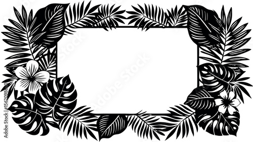 Tropical floral frame with exotic leaves and flowers in black and white creating a decorative border for invitations or designs