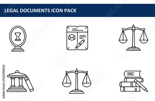 Legal documents icon pack showing various aspects of the legal field. Simple, outlined icons of legal documents, scales, and a building.