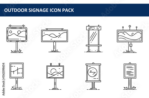Outdoor signage icons depicting various types of public information displays. Simple line art illustrations of billboards, informational posters, and directional signs in a parks/urban setting.