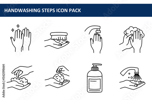 Handwashing steps graphic, illustrating the process with a series of icons. Depicting the various stages of handwashing, from rinsing to applying soap and drying.