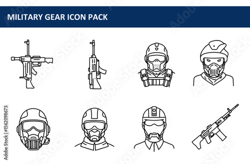 Military gear icons in a simple line art style. Various weapons and soldier equipment.