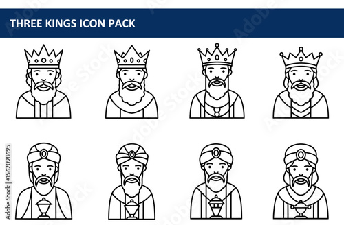 Three Kings icon pack depicting adult male figures in regal attire. Portraits of the Three Kings in profile view, holding symbols of their trade, set against a plain background.