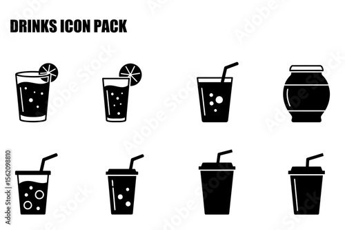 Drinks icon pack. various beverage containers with a lemon slice and straw, displayed on a white background.