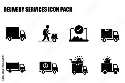 Delivery services icon pack depicting various aspects of transportation and logistics. Simple, vector icons of trucks, delivery personnel, and online tracking on a white background.