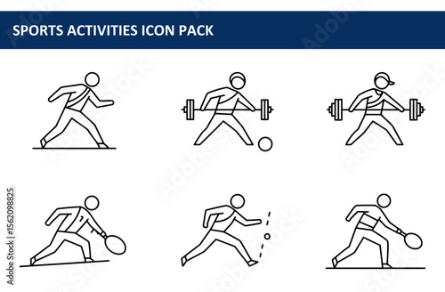 Line art illustrations of diverse people engaged in various sports activities. Active individuals in dynamic poses performing weightlifting, running, and playing tennis.