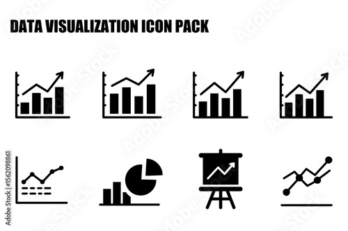 Data visualization icons for presentations, business reports, and marketing materials. Simple, black and white vector graphics of various charts and graphs.