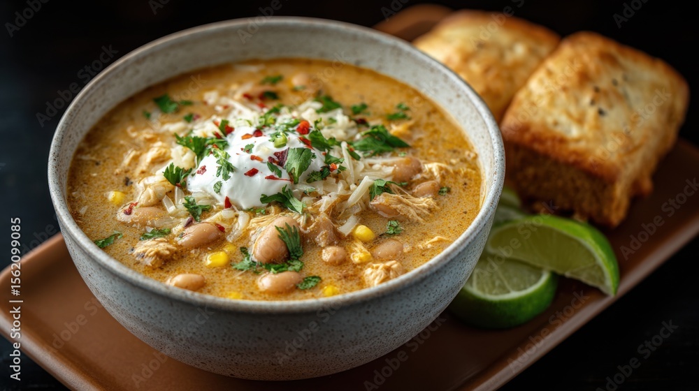 Hearty chicken white bean chili with cornbread and lime garnish for comfort food delight Hearty chicken white bean chili with cornbread and lime garnish for comfort food delight