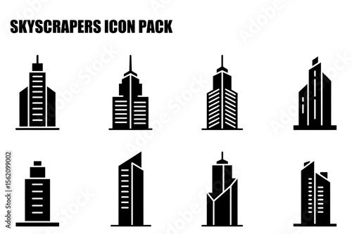 Skyscraper building icons in various architectural styles. Simplified representations of modern, high-rise structures against a white background.