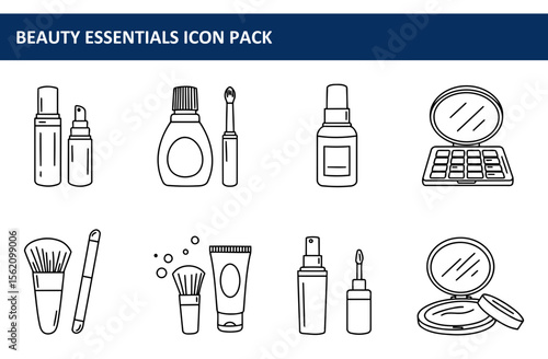 Beauty essentials icon set featuring various makeup products in a simple, graphic design style.