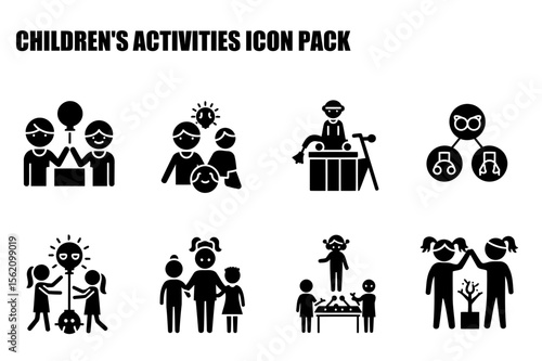 Children's activities icon pack featuring diverse children engaged in various playful and social scenarios.