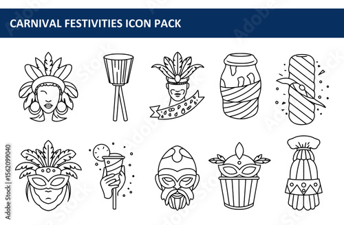 Carnival festivities icon pack featuring various elements in a simple line art style. Carnival celebration icons with no people or realistic depiction of clothing/costumes.
