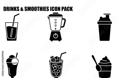 Drinks and smoothies icon pack showing various beverages and preparation tools. Silhouette illustrations of juice, smoothies, blenders, and ice cream drinks against a white background.