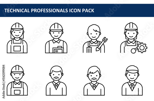 Technical professionals diverse in attire and roles, portrayed in a collection of line icons. Smiling technical professionals in various work clothes in a professional setting.