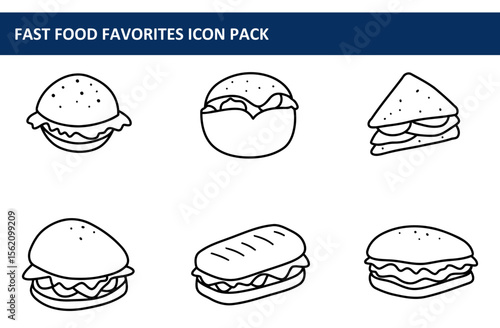 Fast food icons in a simple, graphic style. Collection of outlined icons for various fast food items, displayed in a grid format.