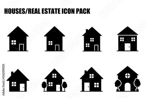 Real estate house icons in various styles with landscaping, simple silhouettes for real estate company use. Various residential house shapes for real estate marketing.