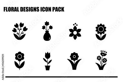 Floral designs icon pack with various flowers in vases and pots. Simple, stylized illustrations of flowers in a variety of arrangements, ideal for website, app, or graphic design projects.