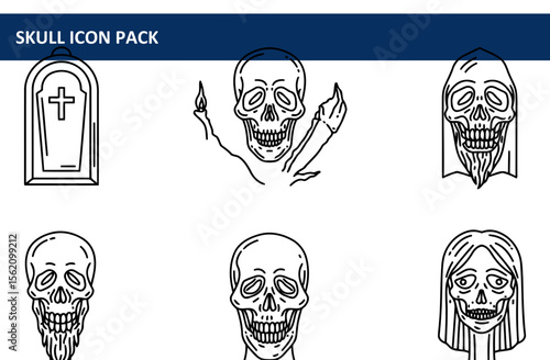 Skull icons with various poses and settings. Collection of vintage style skull designs for Halloween or gothic themed projects.