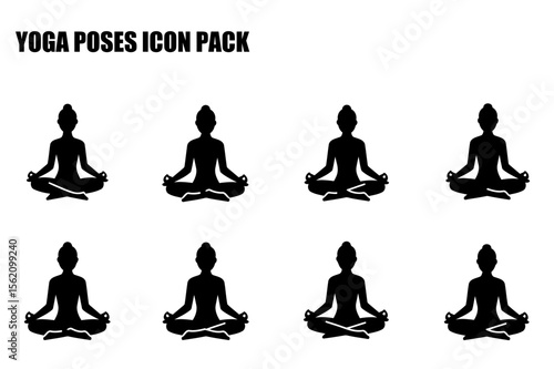 Female yoga poses in a neutral seated position on a plain background. Silhouettes of women in meditation poses for a yoga icon pack.