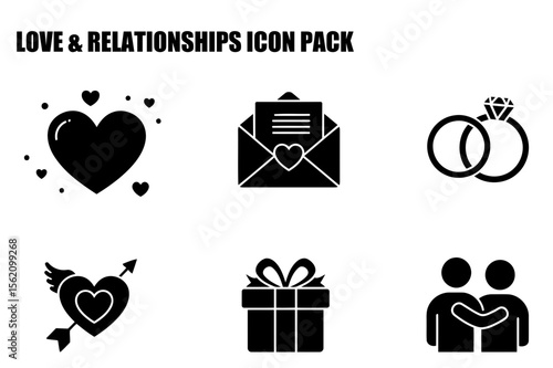 Love & Relationships Icon Pack showing various symbols. Heart with small hearts around, email with a heart, rings, heart with arrow, gift box, and two people embracing.
