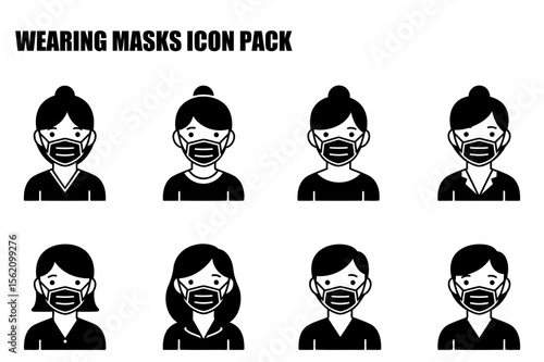 Female and male demographic wearing protective face masks in various casual and business professional attire. Portraits of diverse individuals in a neutral setting.