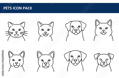 Pet icon pack featuring diverse cat and dog breeds in a simple line art style. Friendly faces of various animal breeds displayed against a blank background.