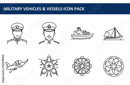 Military personnel and vessels line art icons in a graphic design. Military personnel and vessels in uniform and various military vehicles in a graphic design layout.