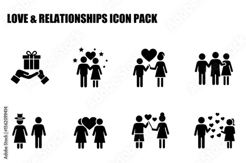 Love and relationships icon set with diverse couples in various poses and interactions.