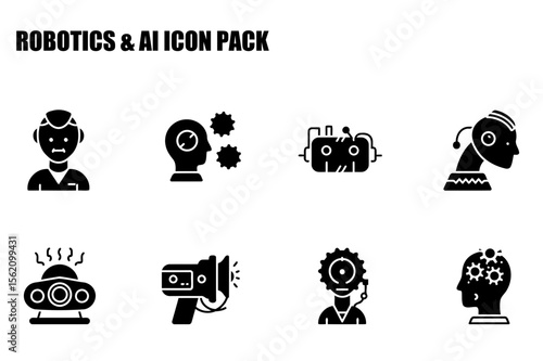 Robotics and AI icon pack showing various elements of AI and robotics technology.