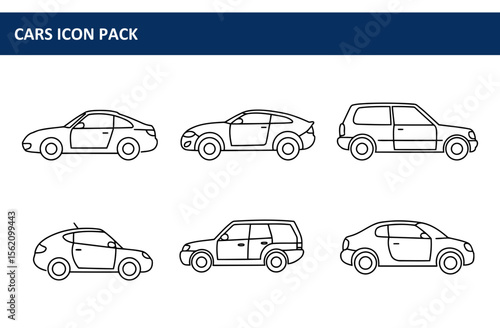 Automobile silhouettes in various styles displayed in a simple, flat design. Side profile view of different car models with basic shapes and lines.