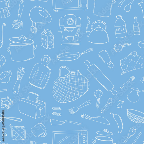 Kitchen pattern with doodles on blue background, kitchen utensils seamless pattern for wallpaper, prints, wrapping paper, backgrounds, banners, etc. EPS 10