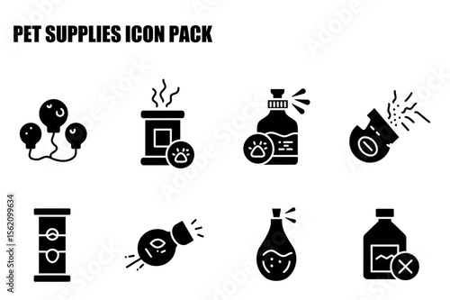 Pet supplies icon pack showing various pet products and accessories. Illustrations of pet supplies for various purposes in a modern, flat style.