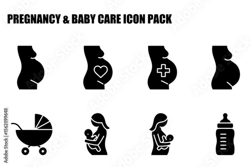 Pregnant women and babies in various stages of care in simple iconography. Diverse female figures in pregnancy and childcare settings.