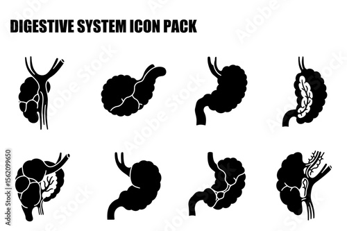 Digestive system icons depicting various anatomical views of the stomach and intestines.